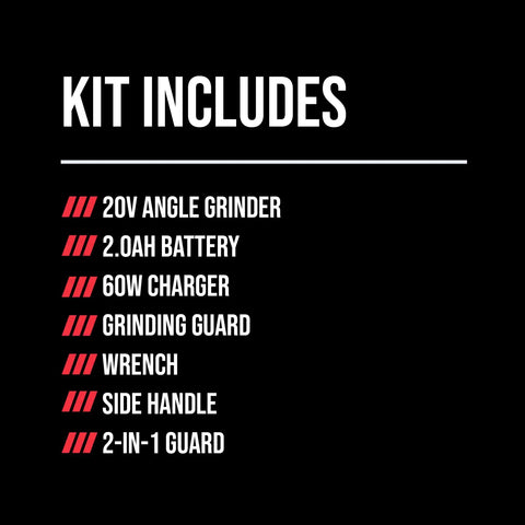 Kit includes Heavy Duty 20V Cordless Angle Grinder With Digital Brushless Motor That Works Like A Champ and accessories.
