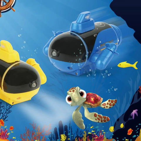 Blue 4 Channel RC Mini Submarine With Dual Propellers For Pool Play Featuring LED light beside yellow submarine underwater.