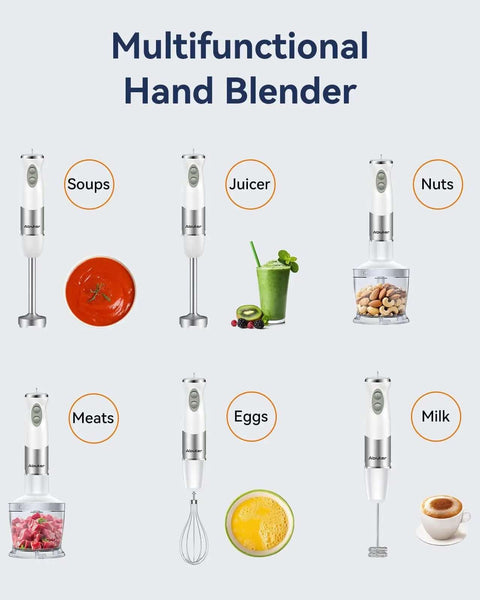 Heavy Duty 1000W Corded Stick Blender Built Tough With 12 Speed Settings And Turbo Boost Slick 5 In 1 Kitchen Kit for soups, juices, and eggs.