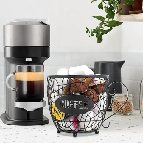Massive K Cup Pod Holder For Countertop next to a coffee machine, showcasing black rustproof steel design, holding K-Cups.