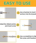 Heavy Duty Self Drilling Drywall Anchor And Screw Kit, 50 Piece Set For Fast DIY Home Fixes, Mounting In Wood Or Drywall, Strong Metal Anchors For Hanging Shelves And More, shown in 3-step drywall install guide