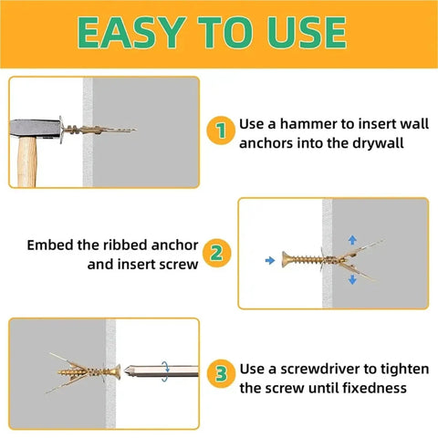 Heavy Duty Self Drilling Drywall Anchor And Screw Kit, 50 Piece Set For Fast DIY Home Fixes, Mounting In Wood Or Drywall, Strong Metal Anchors For Hanging Shelves And More, shown in 3-step drywall install guide