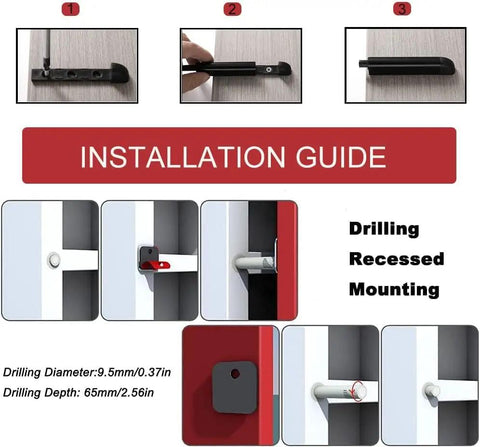 Installation guide for Push To Open Magnetic Cabinet Latches 4 Pack No Knobs Needed Hidden Door Hardware with drilling instructions.
