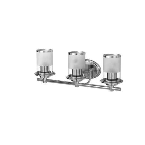 Essence 3 Light Bathroom Vanity Light Fixture In Chrome With Sand Clear Glass Shades Damp Location Rated Steel Construction UL And CUL Certified Three 100W Bulbs Not Included, side angle view