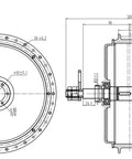 Technical drawing of 5000W Fat Bike Hub Motor Wheel for Electric Bicycle Ebike, showing 72V brushless rear motor dimensions and specifications.