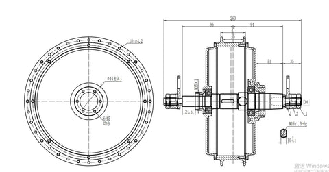 Technical drawing of 5000W Fat Bike Hub Motor Wheel for Electric Bicycle Ebike, showing 72V brushless rear motor dimensions and specifications.