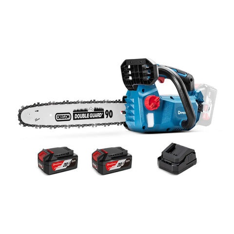 Brushless Cordless Chainsaw With 12 Inch Bar 20V Power, Snappy 12 Meter Per Second Chain Speed, Tool Free Tensioning, Auto Oiler, Includes Two 4.0Ah Batteries And Charger, Great For Yard Work, Pruning, And Wood Cutting on white background