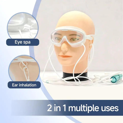 Hydrogen Eye Mask 2 In 1 For Eye Fatigue Relief And Inhalation Goggles on mannequin with tubes for eye and ear use
