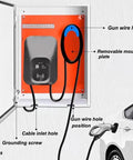 Universal EV Charger Station Cover With Drip Proof Weather Guard And No Fuss Cable Cleanup Plus Heavy Duty Combo Lock For Secure Underground Parking Lot Storage shown mounted with hooks and lock features.