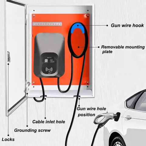 Universal EV Charger Station Cover With Drip Proof Weather Guard And No Fuss Cable Cleanup Plus Heavy Duty Combo Lock For Secure Underground Parking Lot Storage shown mounted with hooks and lock features.