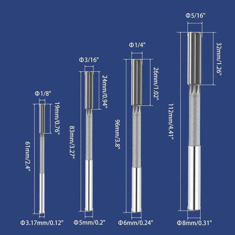 Mriuuod four-piece chucking reamer set with 1/8, 3/16, 1/4 and 5/16 in sizes; HSS round shanks (front view)