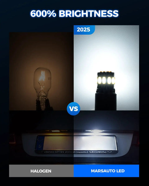 Comparison of halogen bulb and 194 LED Bulb For License Plate Light Pack Of 10, 6000K Super White LED brightness.