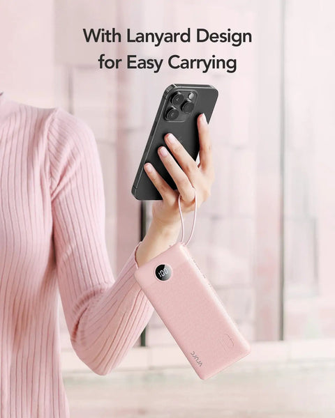 10000mAh Slim Portable Charger, Built In Four Power Bank Cables, Straight Up Travel Essential To Keep Yo Phone Lit Without Any Cord Drama, Ready For Commute, held in hand with phone.
