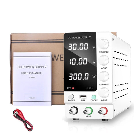 DC Power Supply Variable Output 32V 6A And 30V 10A Regulated Switching Power Source With 4 Digit LED Display shown with accessories