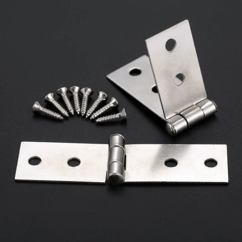 Top Notch Cabinet Door Hinges 2 Piece Set Rock Solid Vintage Luggage Hardware For Wooden Jewelry Boxes And Suitcases Featuring Slick Swing Motion And Zero Hassle Install Mounting Screws with screws on black background.