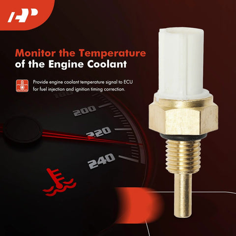 Left engine coolant temperature sensor with brass threaded body and white plastic connector for Honda/Acura vehicles