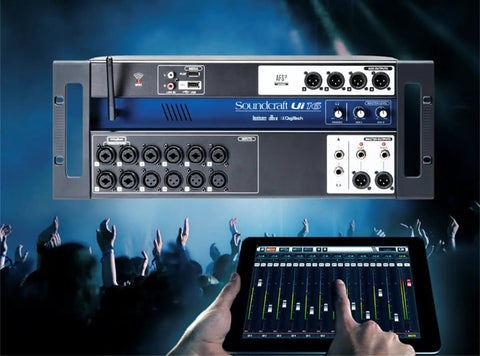 Ui16 16-Input Digital Mixer With Remote Control, Rack-Mountable Pro Audio Console in a live sound setting with tablet control