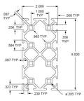 2 Inch By 4 Inch T Slotted Aluminum Extrusion For DIY Projects With Twelve Open T Slots High Strength 6063 T6 Aluminum Smooth Clear Anodized Finish Perfect For Linear Rails Track Guides And Custom Machinery, dimensioned cross-section