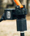 Close-up of 50HP Pro Series 3 Point Post Hole Digger head with 6 inch auger for Cat 1 tractors, hydraulic ram attachment.