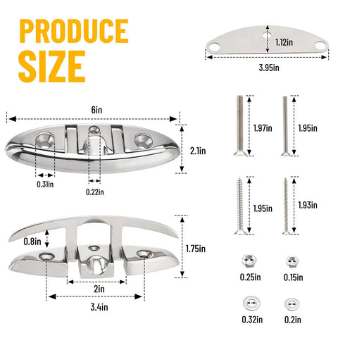 Diagram of Six Inch Boat Folding Cleats Set 316 Stainless Steel Dock Cleats with dimensions and screws