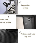 Features of Top Shelf Bean To Cup Coffee Maker including cappuccino, water filtration, and warm cup area.