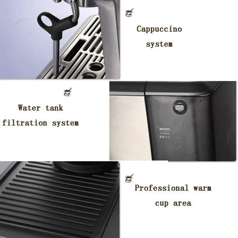 Features of Top Shelf Bean To Cup Coffee Maker including cappuccino, water filtration, and warm cup area.