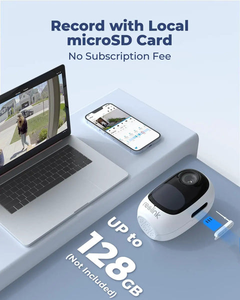 Indoor Wireless Security Camera With Battery Power No Hub Needed 3MP Night Vision Smart Human And Vehicle Detection Local Storage Argus 2E with laptop and phone display
