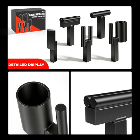 One Inch Blacksmith Anvil Hardy Hole Tools Set Five Piece Forging Kit including hot cut tool and scrolling fork