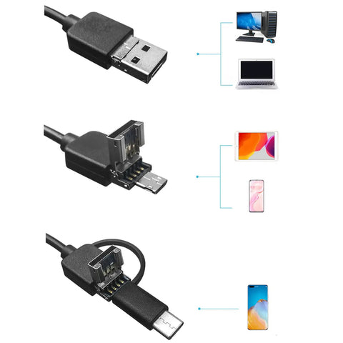 Connectors for Phone Borescope Endoscope with 6 LED Lights and 3.3ft Flexible Cable, IP67 waterproof, showing USB compatibility.
