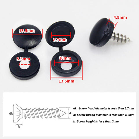 Multi-Function Hinged Screw Cover Caps Set For Self-Tapping Screws, ABS Black Caps, 100 Piece Pack showing dimensions in detail