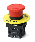 22mm Red Mushroom Emergency Stop Button Switch With 2NC Contacts, Latching Push Lock, 600V 10A, Built Tough Safety Button For Machinery, 40mm Button Diameter, 4mm Panel Mount, Durable Plastic Construction LA139AES544 red emergency stop with yellow STOP collar, panel mount