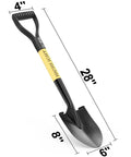 Heavy Duty 28 Inch Round Shovel With D Handle Solid Wood Grip And Carbon Steel Blade With Dimensions Shown