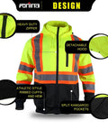 Hi Vis Safety Fleece Zip Hoodie for Men With Reflective Trim ANSI Class 3 Workwear Detachable Hood Yellow XL 280gsm front view