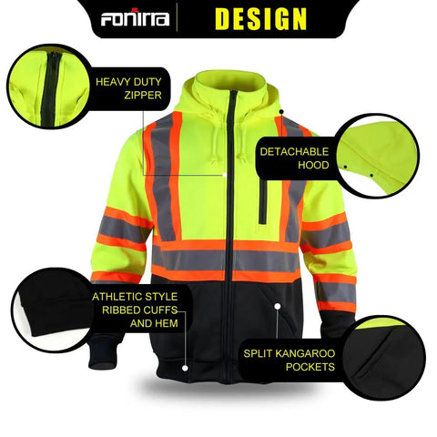 Hi Vis Safety Fleece Zip Hoodie for Men With Reflective Trim ANSI Class 3 Workwear Detachable Hood Yellow XL 280gsm front view