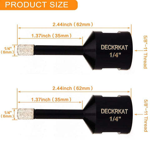 DECKRKAT 1/4-inch dry diamond tile drill bit, 62mm length, 5/8-11 thread, 2-pack for granite/marble/ceramic tiles