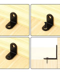 Heavy Duty 24 Pack Black Corner Braces, Rock Solid 90 Degree L Angle Brackets For Furniture And Wood Fix Ups, installation angles and screws shown.