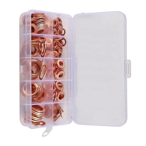 Heavy Duty Copper Flat Washer Kit With Storage Box, Metric M4 To M14 Gasket Assortment For Automotive And Mechanical Repair, Sealing Washers, 200 Pieces, All Purpose Hardware Set, open box