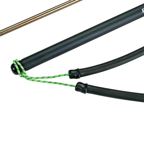 Close-up of 14mm Aluminum Pole Spear for Spearfishing with anodized Ergal shaft, rubber band propulsion, and black finish.