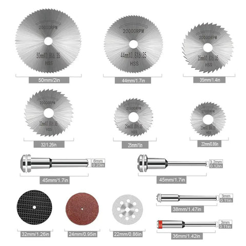 Versatile HSS Circular Saw Blade Set For Rotary Tools With Six Diameters 22 25 32 35 44 50 mm Includes One Eighth And One Quarter Inch Shank Mandrels Cuts Wood Metal Plastic Stone Glass Like A Pro For DIY Crafts displayed with mandrels.