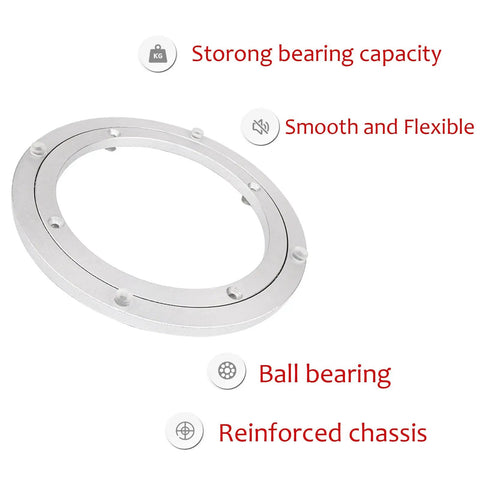 Rock Solid Heavy Duty Aluminum Lazy Susan Table Bearing With Smooth Swiveling Rotating Turntable Plate showing strong bearing capacity and ball bearing design.