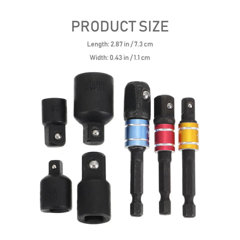 Heavy Duty Seven Piece Steel Socket Adapter Kit Featuring Rock Hard Finish and Lightning Fast Ratchet Wrench Converter for drills.