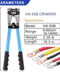 Beefy Battery Cable Crimp Tool For AWG 10 To 1 Copper Ring Terminals showing model HX-50B specifications and wire lugs.