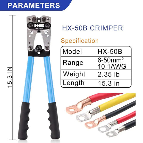 Beefy Battery Cable Crimp Tool For AWG 10 To 1 Copper Ring Terminals showing model HX-50B specifications and wire lugs.