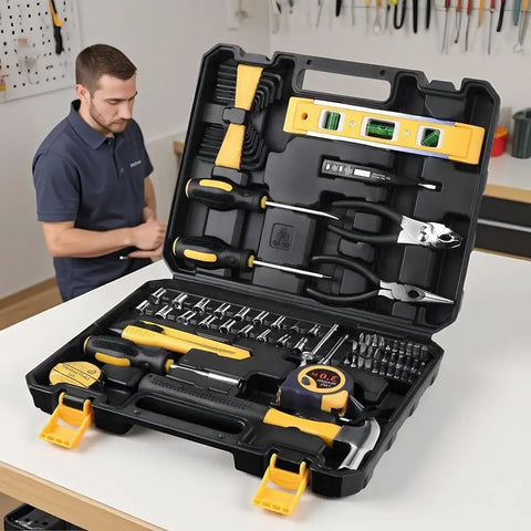 Comprehensive 78 Piece All In One Hand Tool Set for Home Auto and Office with Portable Storage Case Built For DIY Projects and Basic Repairs Includes Level Hammer Pliers Wrenches Screwdrivers Sockets and More in black case open on table.