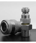 Built Tough Carbon Steel Hydraulic Quick Coupler Designed For High Pressure Systems Smooth M10x1.5 And M16x1 Threads Plug And Play Quick Connect Fittings, showcasing the detailed threaded design.