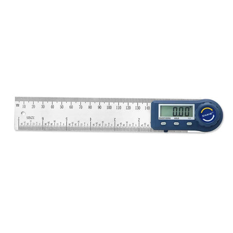 Top Shelf Heavy Duty Digital Angle Finder And 2 In 1 Digital Protractor With Seven Inch Stainless Steel Ruler showing LCD display.