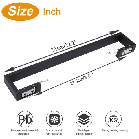 Square Base Stainless Steel Towel Rack For Bathroom, Built To Last Heavy Duty Wall Mounted Towel Bar In Matte Black, 12 Inch