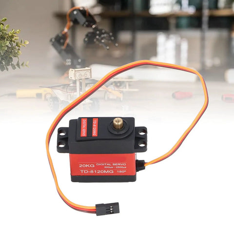 High Precision Waterproof Digital Servo Motor With 20kg Killer Torque And Rock Solid Heavy Duty Metal Gears for RC models, showing wiring and servo details.