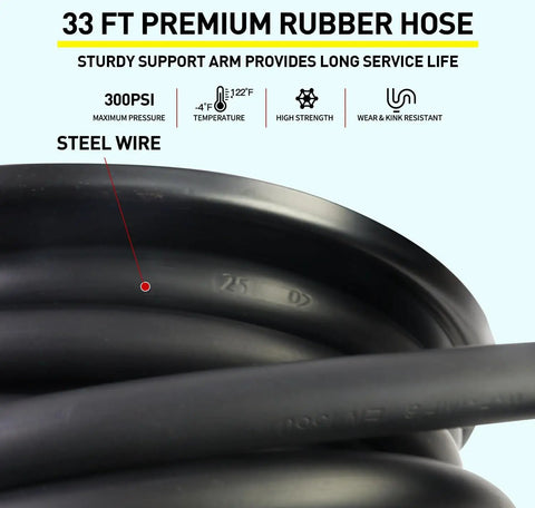 Retractable Three Quarter Inch Fuel Hose Reel 33 Feet With Nozzle And Swivel Diesel Reel Built To Last Auto Spring Driven 300 PSI Industrial Steel Construction NBR Rubber Hose For Farm Factory And Workshop black 33 ft NBR hose with steel wire, 300 PSI