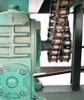 Close-up of the high torque motor and chain drive of Badass Heavy Duty Electric Tube Pipe Bender Precision Roller Press.